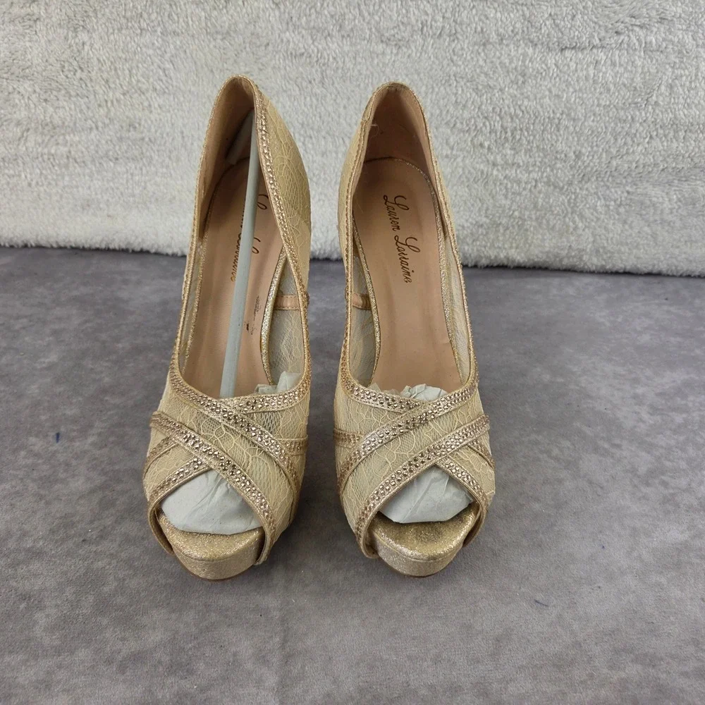 Lauren Lorraine Viv Champagne Lace Rhinestone Peep Toe Platform Pump Heels 8.5